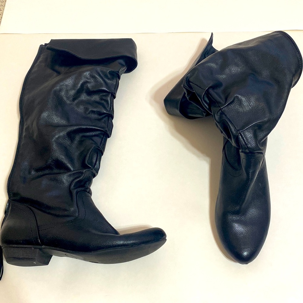 Black leather Fergalicious boots, size eight and half, true to size, used once.